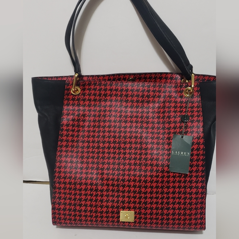 Lauren Ralph Lauren Houndstooth Red and Black Tote